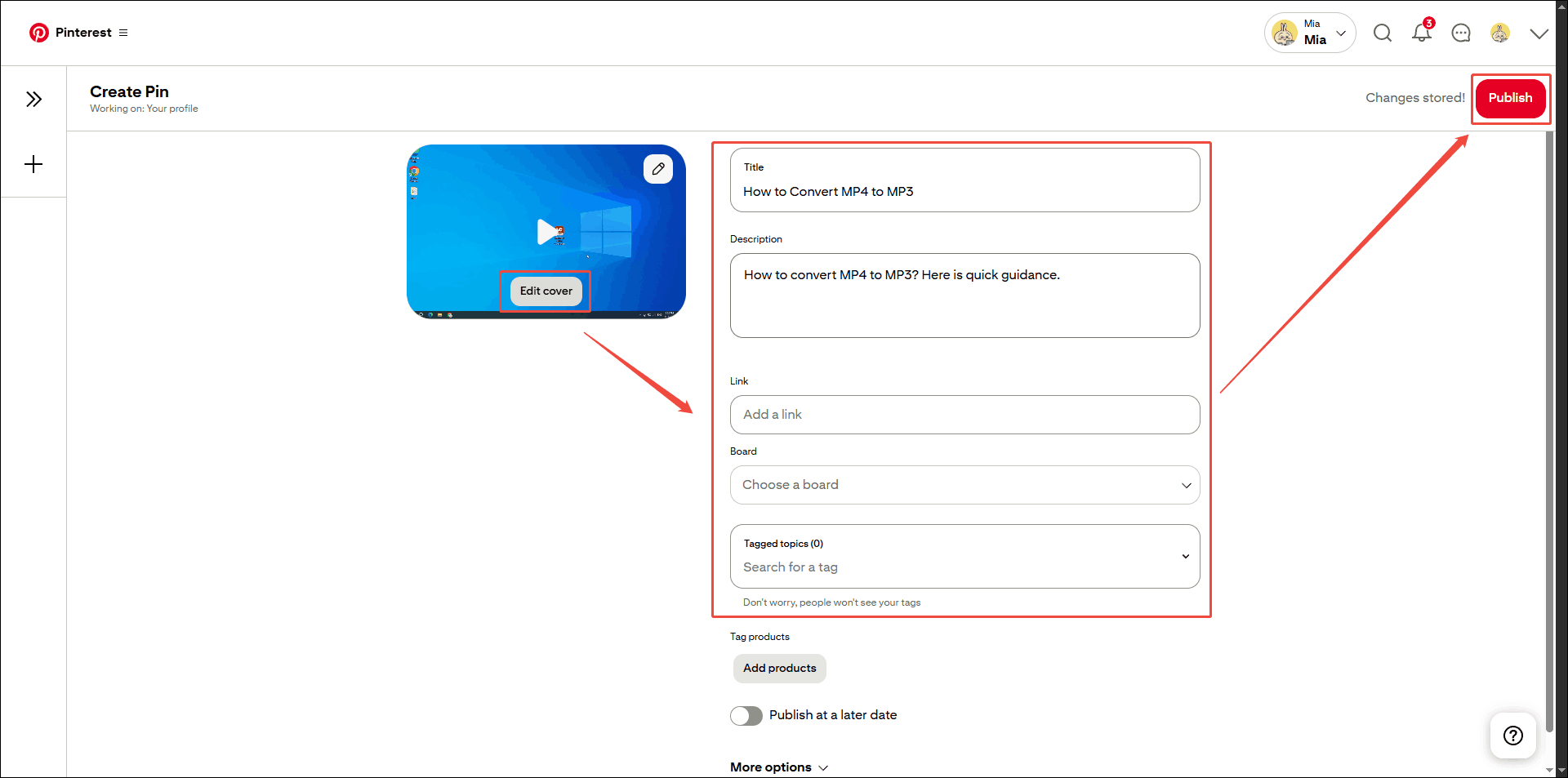 Pinterest’s video uploading interface showing how to change video cover and metadata