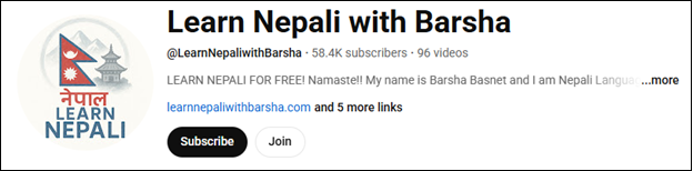 The channel interface of Learn Nepali with Barsha