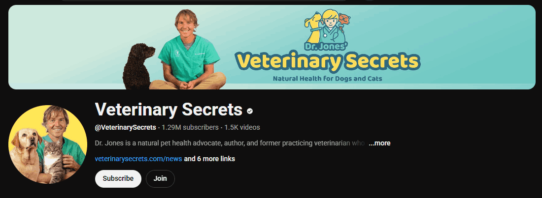 Screenshot of the Veterinary Secrets’s channel homepage