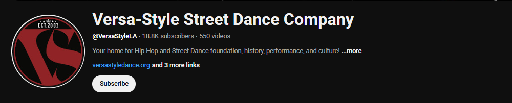 The YouTube channel profile of Versa-Style Street Dance Company