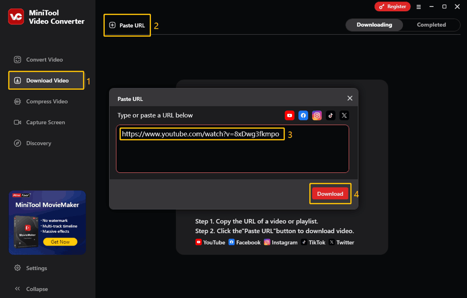 A screenshot of MiniTool Video Converter showing steps to download a video