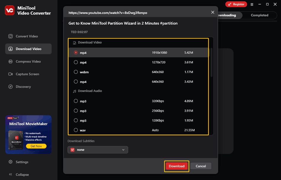 A screenshot of MiniTool Video Converter showing how to choose the output format