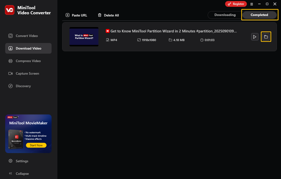A screenshot of MiniTool Video Converter showing how to locate the downloaded video