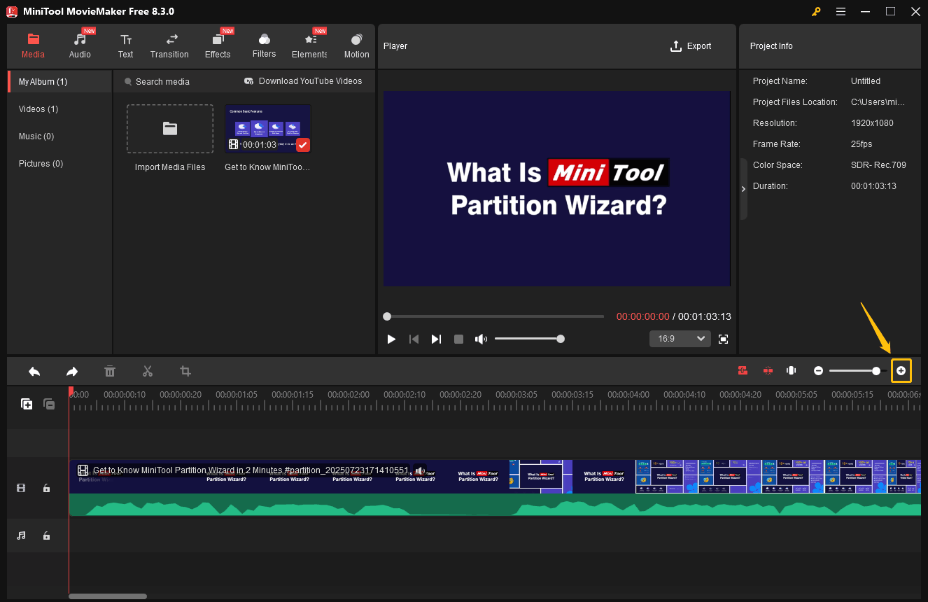 A screenshot of MiniTool MovieMaker displaying a video editing workspace and showing how to zoom in on the video clip