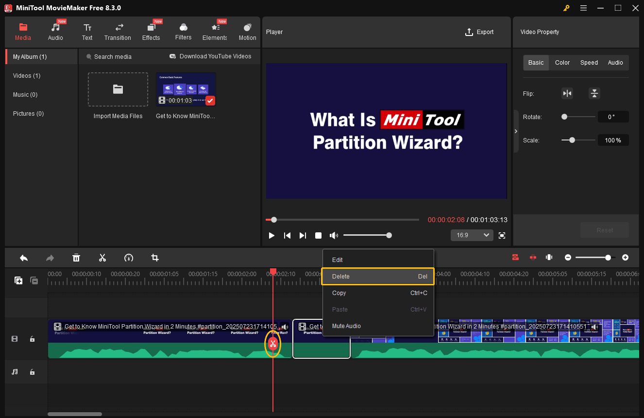 A screenshot of MiniTool MovieMaker showing how to clip a video and delete a video clip