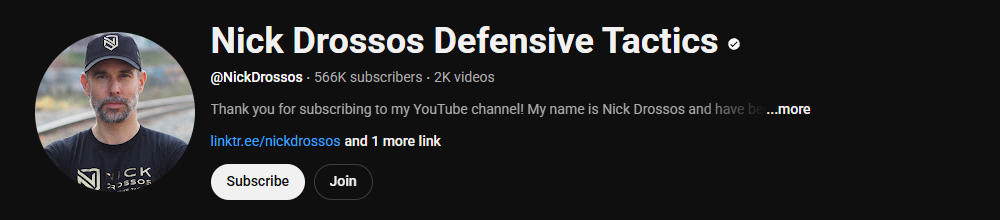 The channel homepage of Nick Drossos Defensive Tactics