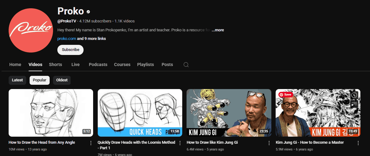 The channel homepage of Proko