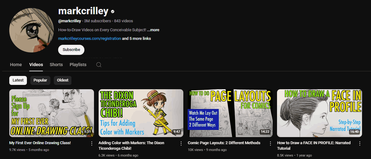 The channel homepage of markcrilley