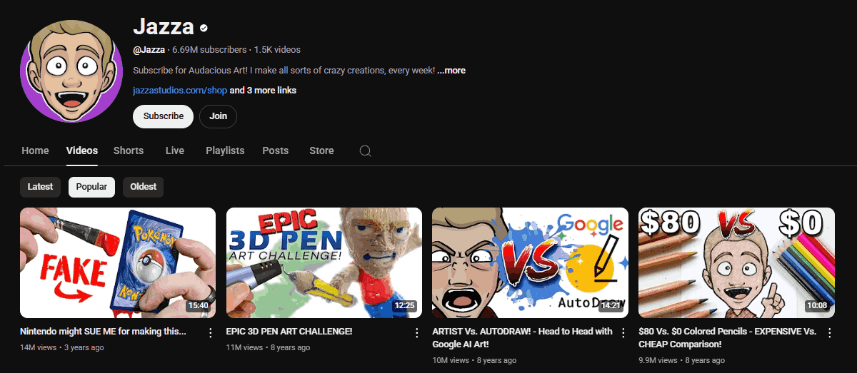 The channel homepage of Jazza