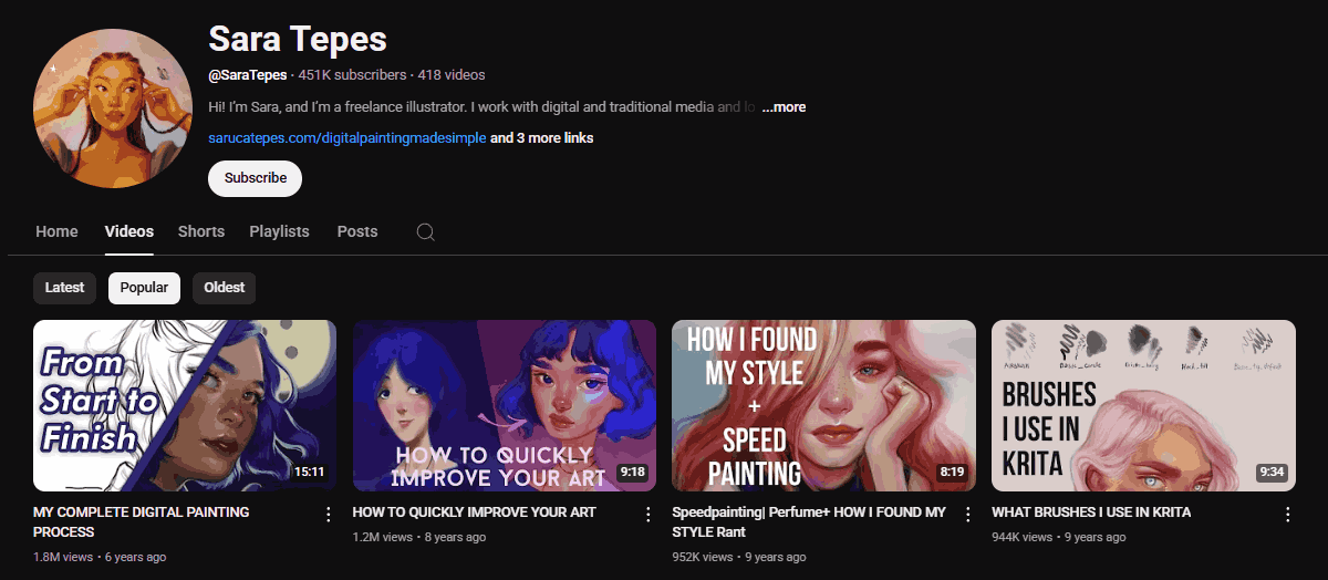 The channel homepage of Sarah Tepes