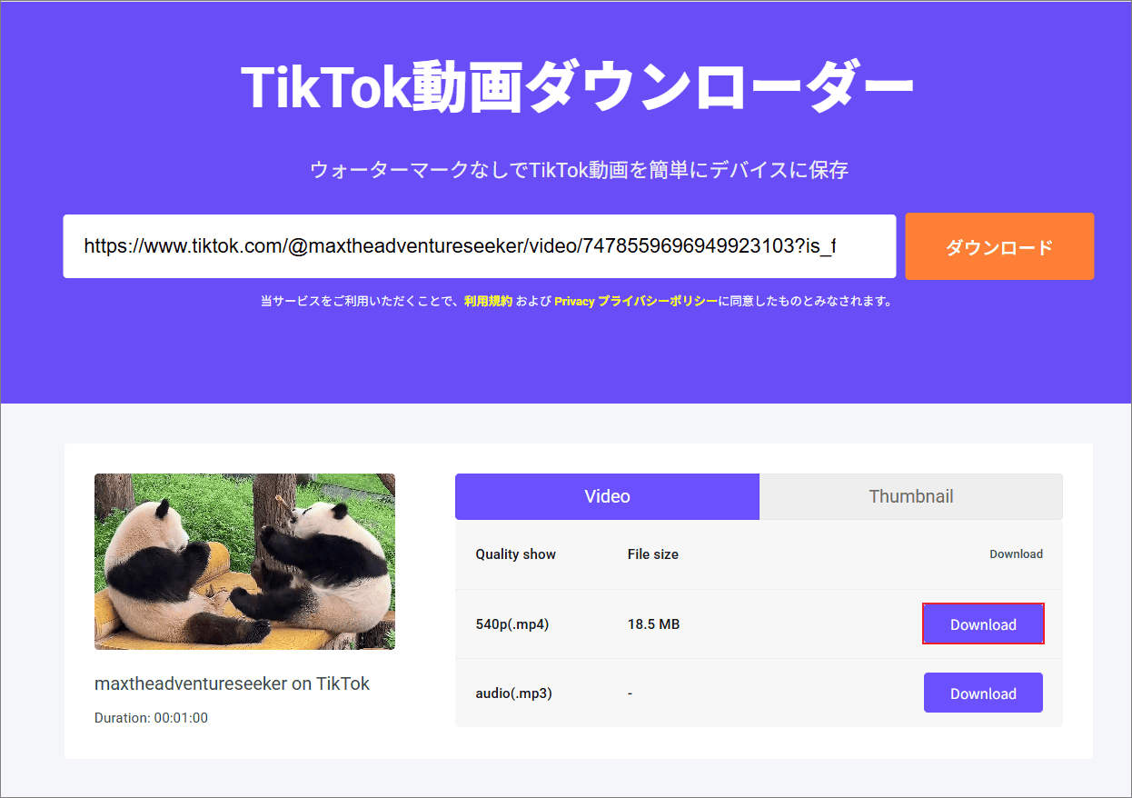 オンライン動画ダウンローダー（viddown.net/ja）でダウンロードオプションを選択して「Download」をクリック