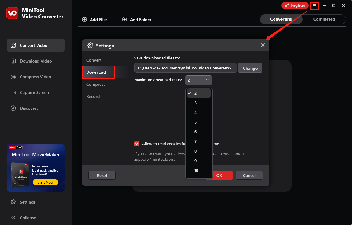 Im Fenster Einstellungen von MiniTool Video Converter wählen Sie den Zielordner und legen die maximale Anzahl von Download-Aufgaben für das Speichern von Videos fest.
