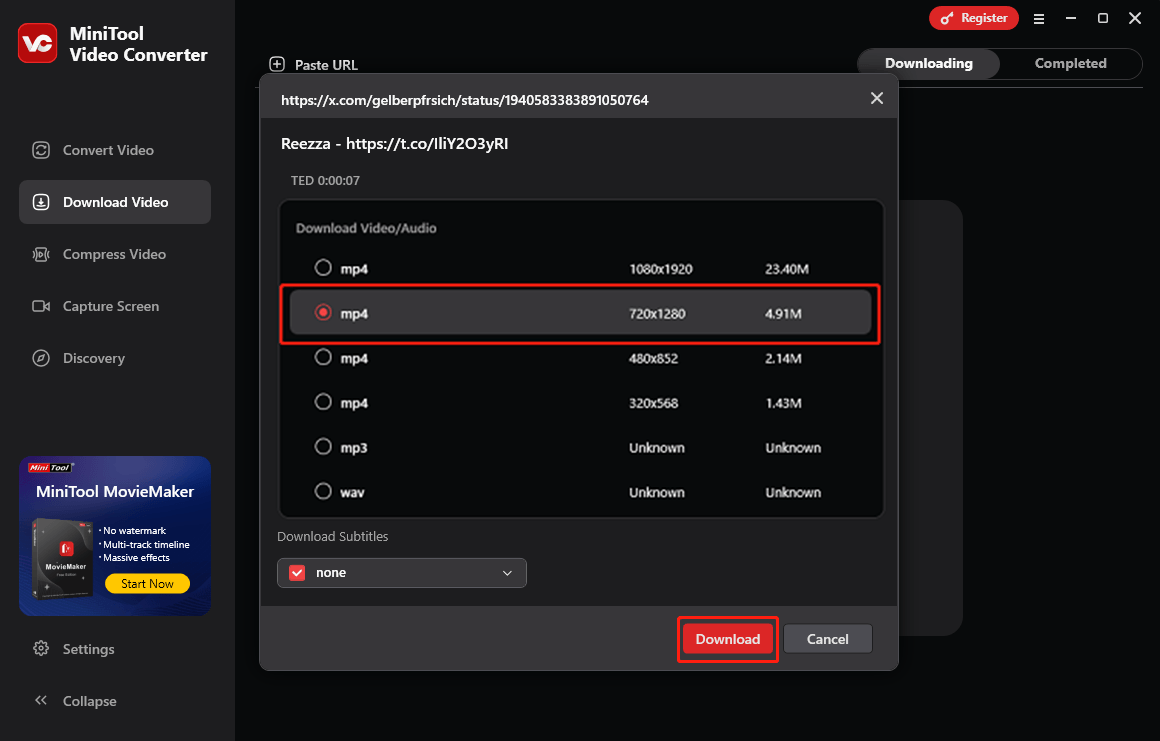Wählen Sie das MP4 mit 720 x 1280 Profil im Bereich Video-Download von MiniTool Video Converter und klicken Sie auf Herunterladen, um den Speicherprozess zu starten.