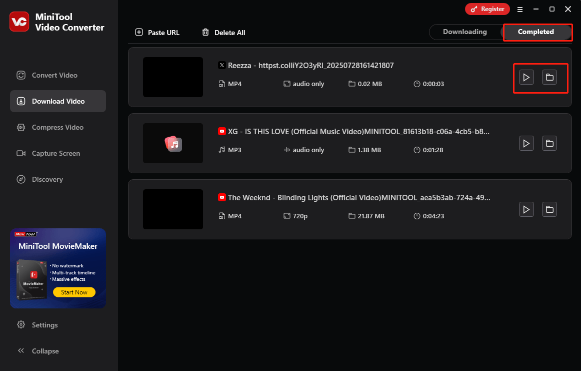 Klicken Sie auf das Player-Symbol oder das Ordner-Symbol in MiniTool Video Converter, um das Video anzusehen oder das gespeicherte Video von Twitter zu prüfen.