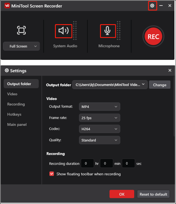 Wählen Sie die Audioquelle im MiniTool Screen Recorder für Bildschirmaufnahme und das Einstellungsfenster von MiniTool Screen Recorder.
