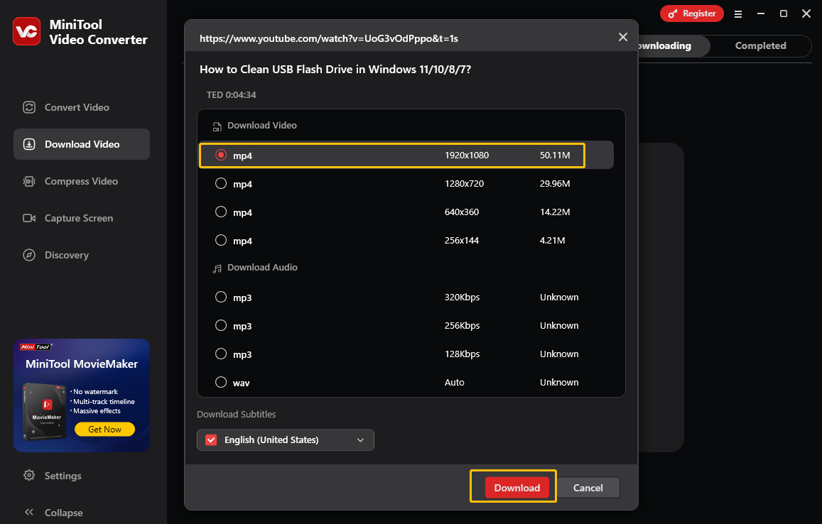 Choose an output format and click on Download to download it in MiniTool Video Converter