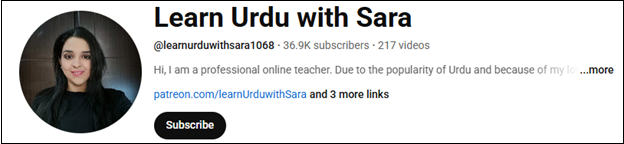 The channel interface of Learn Urdu with Sara