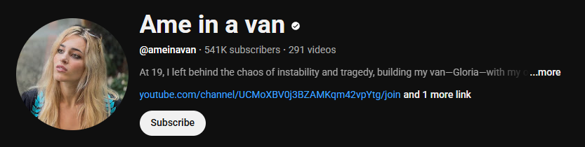 The YouTube van life channel interface of Ame in a van