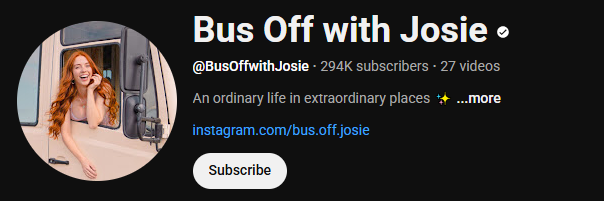 The YouTube channel interface of Bus Off with Josie