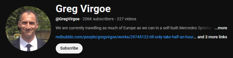 The van life YouTube channel interface of Greg Virgoe