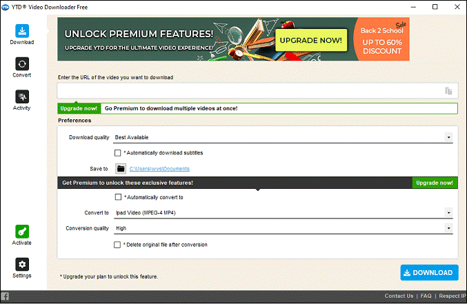 A interface do utilizador do YTD Video Downloader