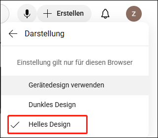Klicken Sie auf YouTube-Profil > Erscheinungsbild: Darstellung > Helles Design, um das Video hell zu machen