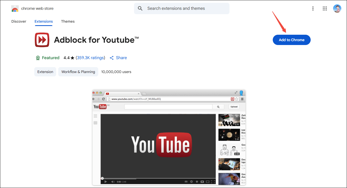 Click on Add to Chrome to activate the download window of Adblock for Youtube