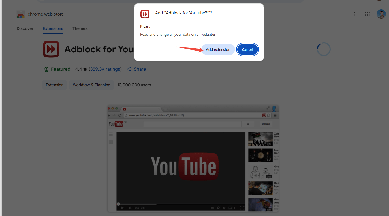 Click on Add extension to download the Adblock for Youtube extension