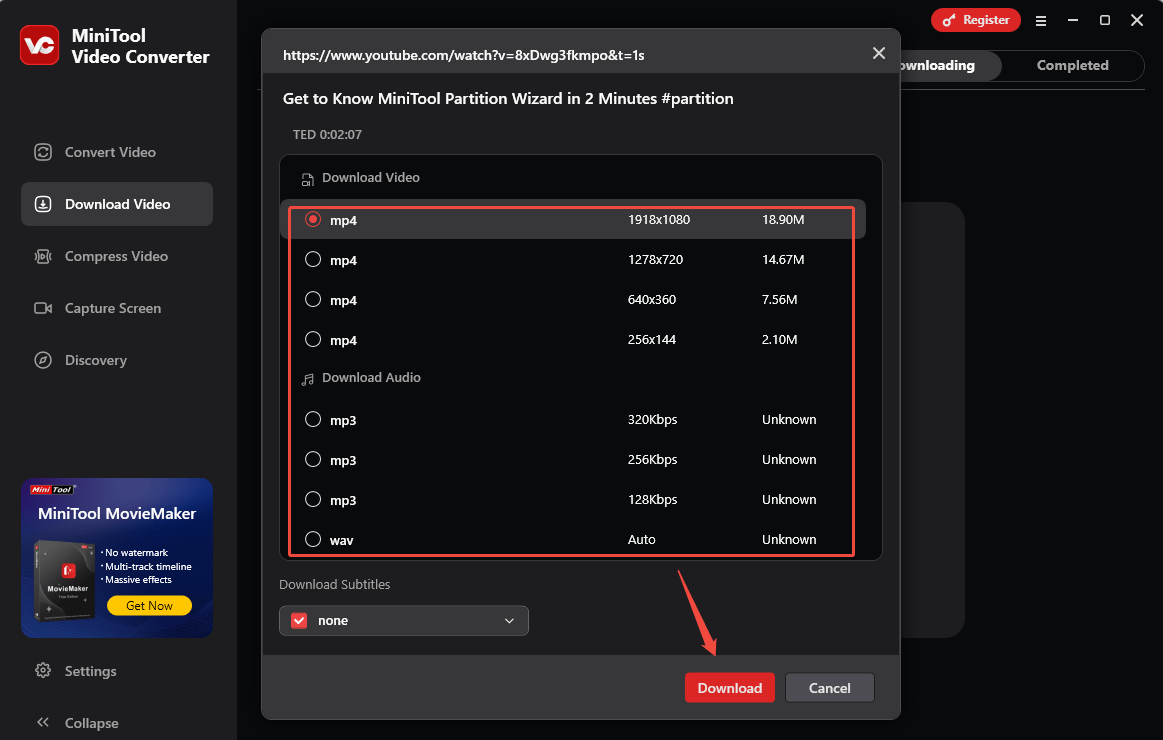 Choose an output format and click on Download to start downloading it in MiniTool Video Converter