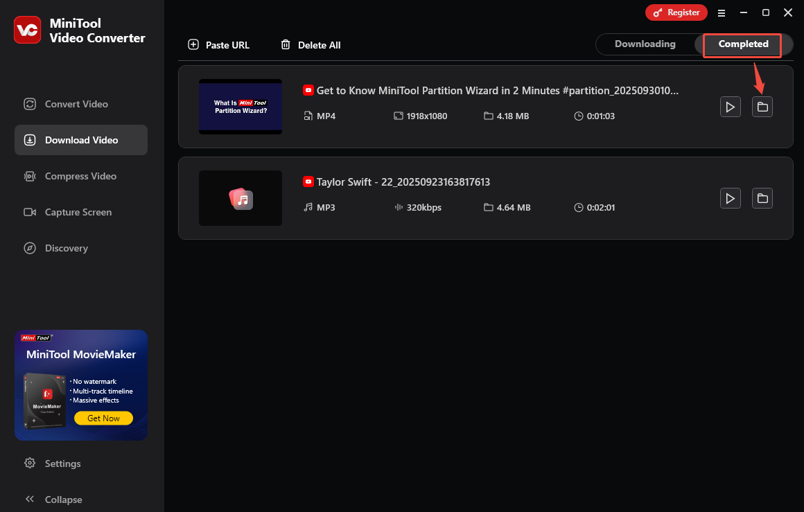 Click on the folder to find the downloaded YouTube video