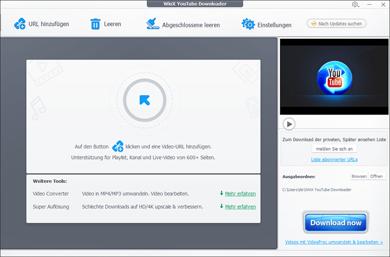 Die Benutzeroberfläche von WinX YouTube Downloader