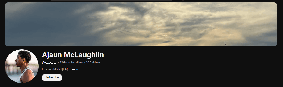 The channel homepage of Ajaun McLaughlin