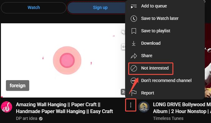 Tap the More option on the YouTube thumbnail and click on Not interested to block the uninterested content on the YouTube website