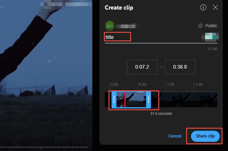 Enter your title in the blank field, drag the box below to trim the video segment, then click Share clip to share your video on YouTube