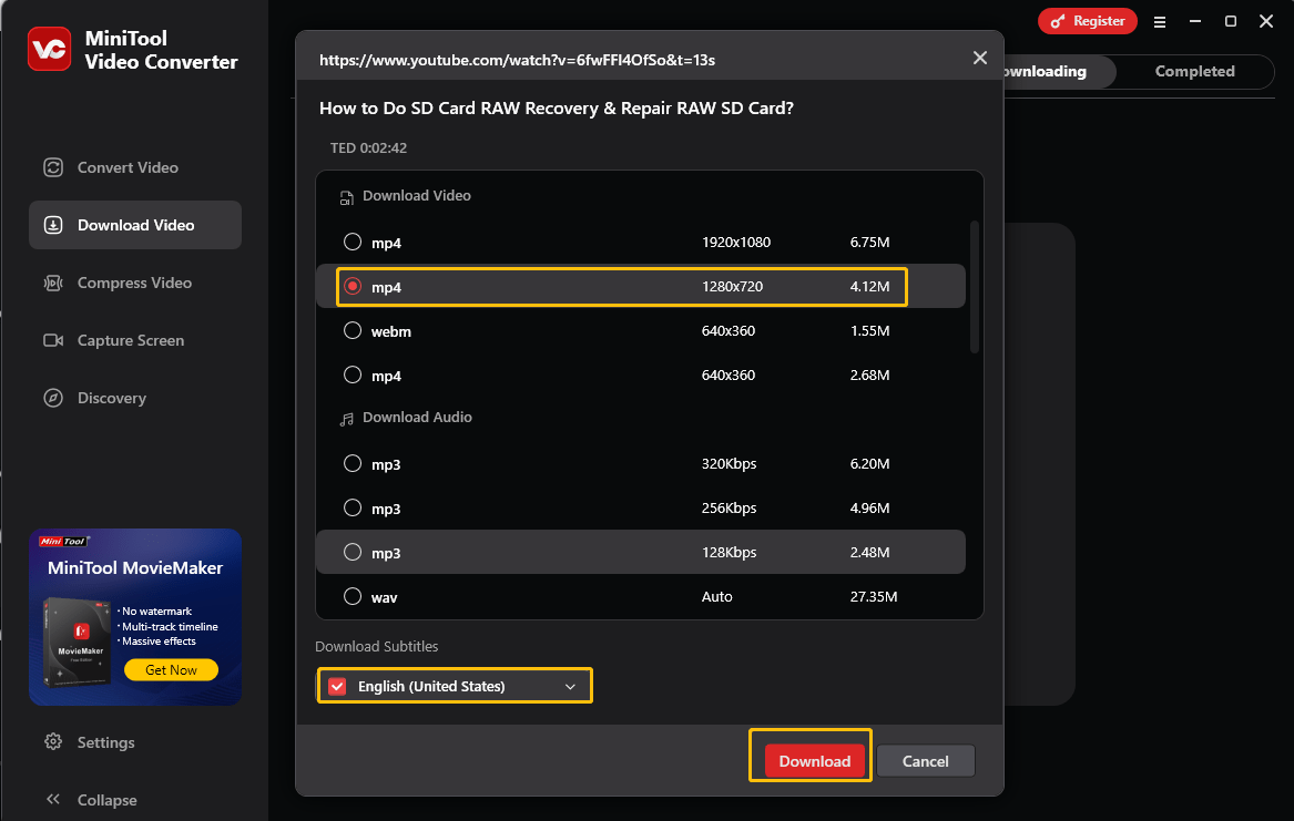 Choose a video format, check the subtitles, and click on Download to get the YouTube video and subtitles in MiniTool Video Converter