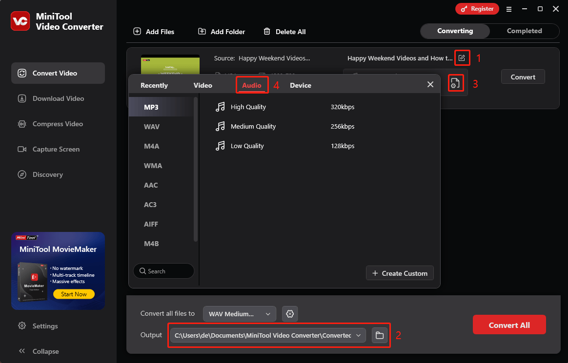 Klicken Sie auf das Zahnrad-Symbol bei der Zieldatei, um die Liste der Ausgabeformate zu öffnen, und klicken Sie auf die Registerkarte Audio, um alle Ausgabe-Audioformate zu sehen.