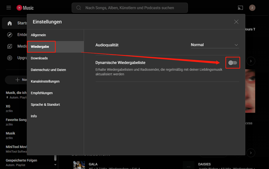 Schalten Sie die Option Dynamische Wiedergabeliste aus in YouTube Music.