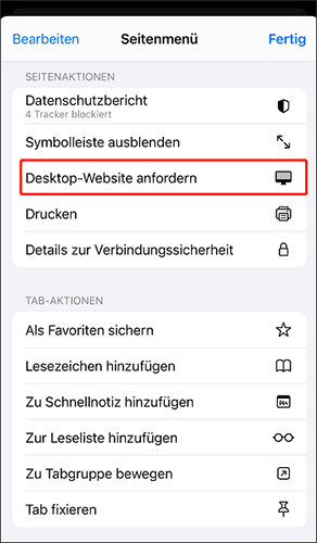 Wählen Sie Desktop-Website anfordern aus dem Menü, um zur Desktop-Version von YouTube Music im Safari-Browser zu wechseln