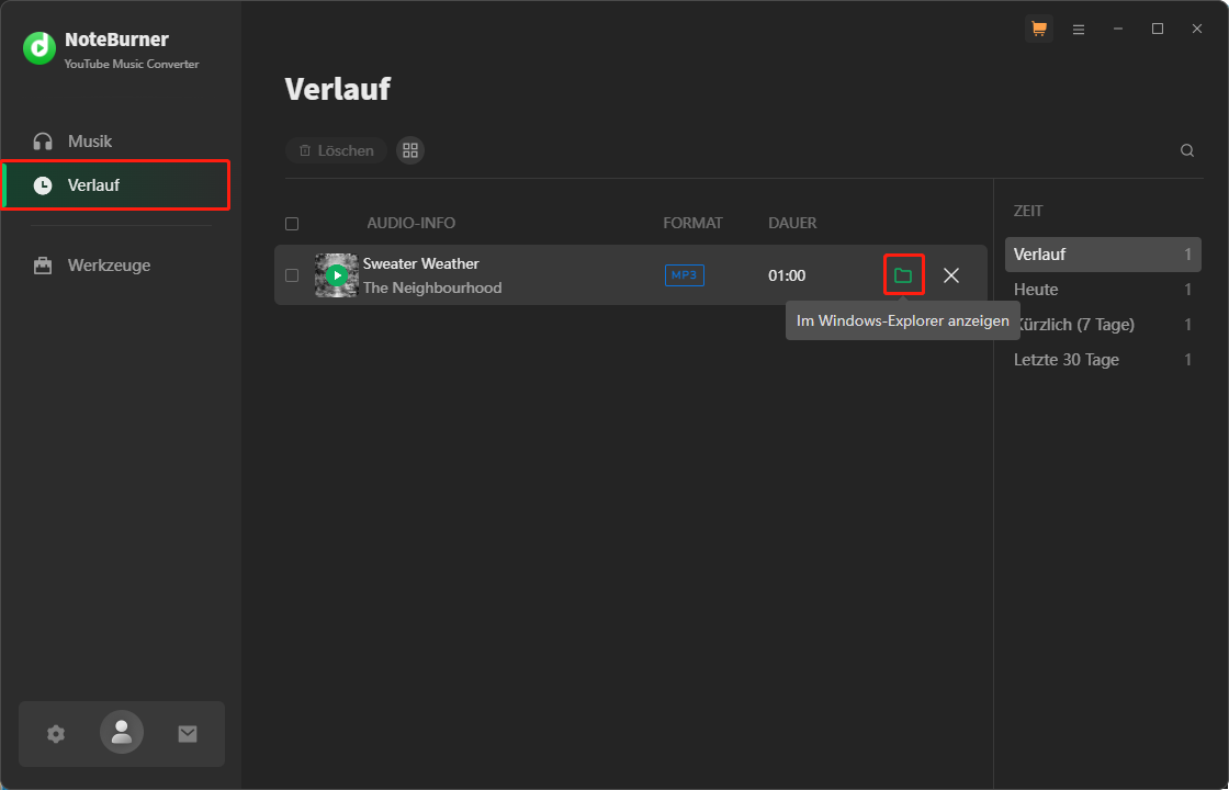 Gehen Sie zum Tab Verlauf und klicken Sie auf das Symbol In Windows Explorer anzeigen, um die Musik in NoteBurner YouTube Music Converter zu finden