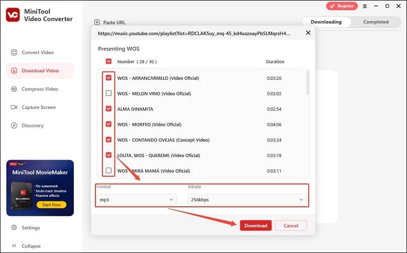 Deaktivieren Sie das Kästchen neben den unerwünschten Liedern, wählen Sie das gewünschte Format und die Bitrate, und klicken Sie auf Herunterladen, um die YouTube-Music-Playlist in MiniTool Video Converter herunterzuladen