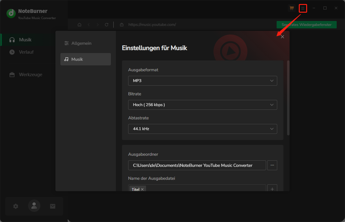 Klicken Sie auf das Mehr-Symbol und passen Sie die Download-Präferenzen im Pop-up-Fenster von NoteBurner YouTube Music Converter an