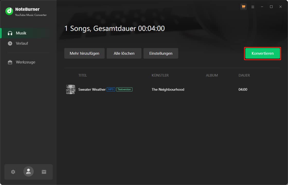 Klicken Sie auf Konvertieren, um den Musiktitel in NoteBurner YouTube Music Converter herunterzuladen