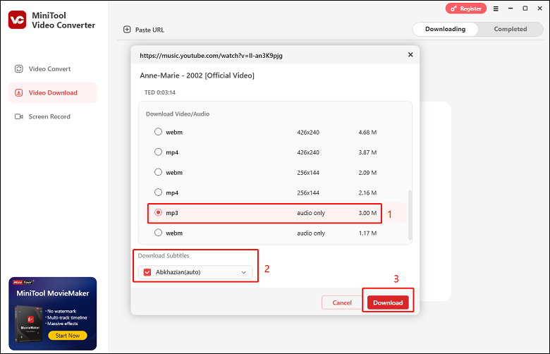 Selecione o formato de áudio, escolha se pretende descarregar as legendas e clique em Download para iniciar o download da música no MiniTool Video Converter