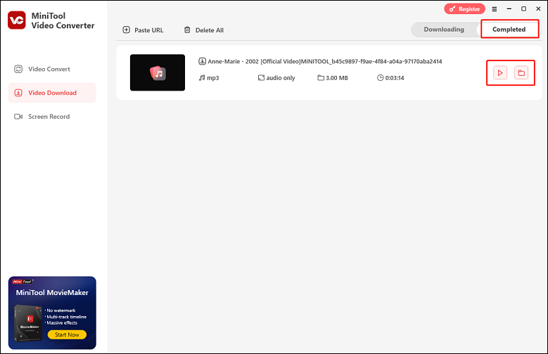 Vá para Concluído e clique em reproduzir para reproduzir a música descarregada ou clique no ícone da pasta para localizar a música descarregada no MiniTool Video Converter