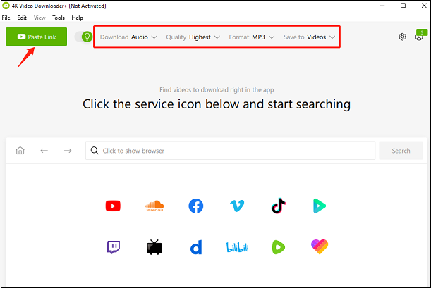 Personalize os parâmetros de saída e clique em Colar Link para analisar o link no 4K Video Downloader
