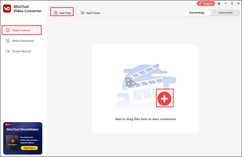 Selecione Adicionar ficheiros ou clique no ícone + para importar uma música descarregada do YouTube Music no MiniTool Video Converter