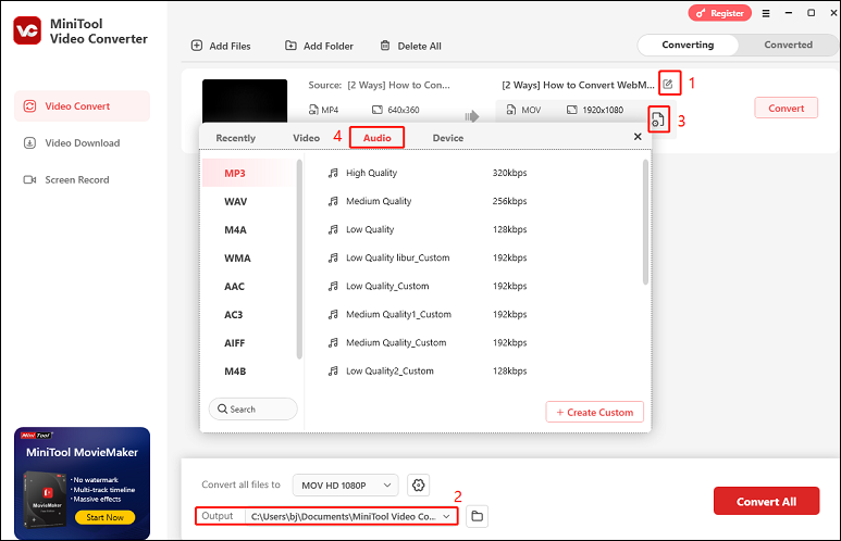 Clique em Editar para renomear o ficheiro, expanda Saída para especificar a pasta de destino e clique no ícone da engrenagem, escolha Áudio para visualizar todos os formatos de áudio de saída no MiniTool Video Converter