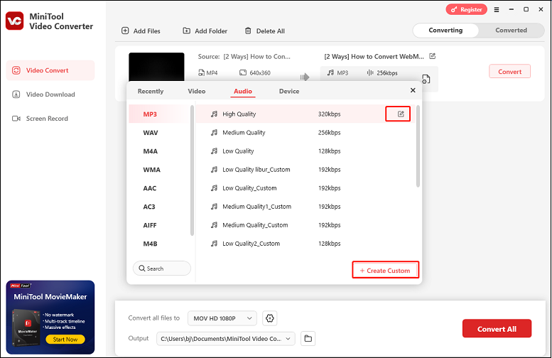 Clique em Editar para alterar os parâmetros de saída de áudio ou clique em + Criar personalizado para gerar um novo formato de áudio no MiniTool Video Converter