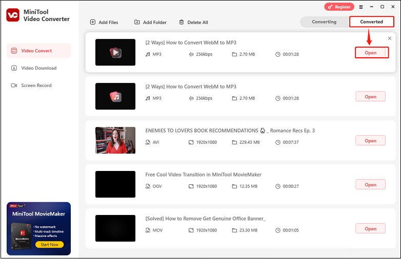 Clique em Abrir para localizar o ficheiro de áudio convertido em Convertido no MiniTool Video Converter