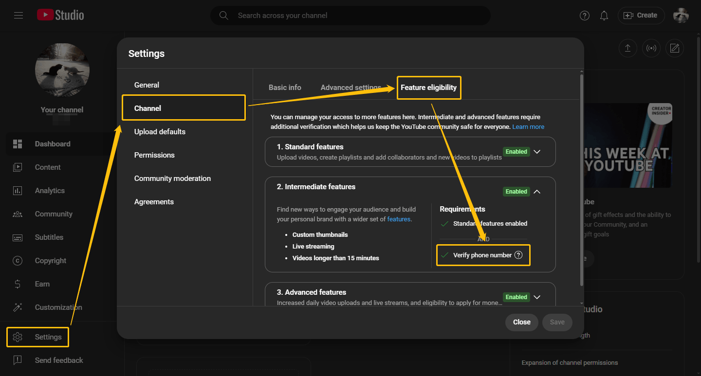 Screenshot of YouTube Studio shows that the phone number is verified